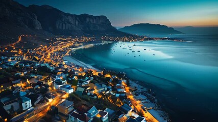 Sticker - Aerial view of a city by the sea at night with a mountain in background