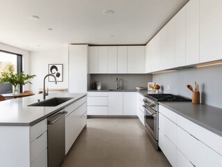 Step into an open-concept kitchen with sleek white cabinets, a gray countertop, stainless steel appliances, and minimal decor.