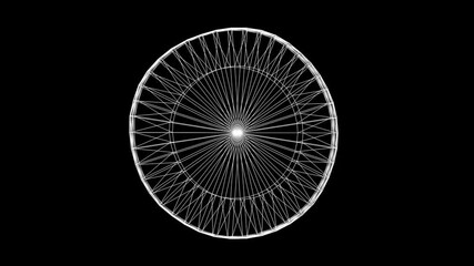 Spinning 3d wireframe circular pattern on plain black background