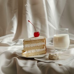 minimalistic cake with a cherry on top. A glass cup filled with milk sits next to it on a white table cloth with a business card. The background has an aesthetic style