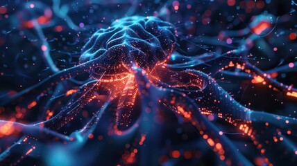 Wall Mural - A brain with a lot of neurons and a lot of red and blue