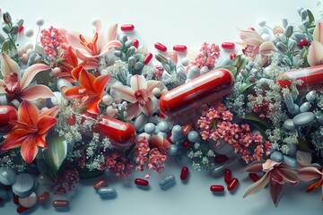 Wall Mural - pills and flowers on white background capsules for beauty concept