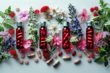 pills and flowers on white background capsules for beauty concept