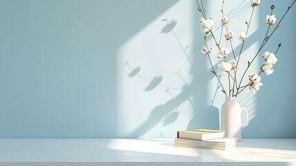 Wall Mural - White table against a light blue wall, a bright scene with a clean and simple background composition create a fresh atmosphere.