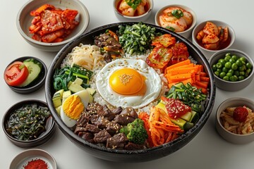 Wall Mural - bibimbap and korean side dishes on a white background korean food concept