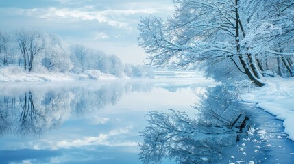 Wall Mural - A serene snow-covered lake with reflections of snowy trees on the water.