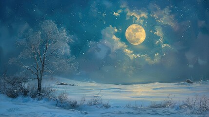 A serene winter night with the full moon illuminating a snow-covered landscape.