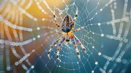 A spider with an intricate web covered in morning dew.