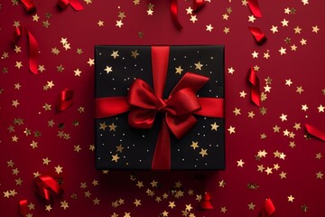 Festive Black Friday surprise! Top view black gift box, adorned with vibrant red ribbon, surrounded by golden star-shaped confetti, set against rich marsala backdrop. Ideal for your Black Friday deals