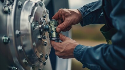 A man is working on a machine with a lot of nuts and bolts