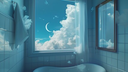 looking out of the window, bathroom with fluffy clouds outside, blue sky, crescent moon, aesthetic vibe