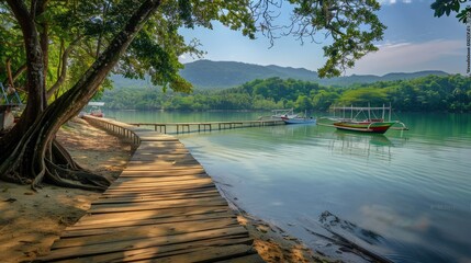 A wooden boardwalk leading to a tranquil lagoon, with boats moored along the shore.