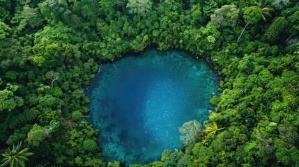 Aerial view of a hidden lagoon nestled in a dense rainforest, showing the vibrant blue water.