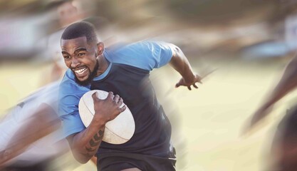 Wall Mural - Rugby, black man and running on field for sports, performance and competition with ball. Motion or action, athlete and playing game outdoor for fitness, exercise and training for speed and cardio