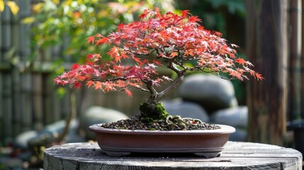 elegant japanese maple bonsai with red leaves in a traditional japanese garden setting.