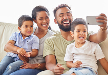 Poster - Happy, family and selfie on sofa for love, support and fun memories in living room. Parents, kids and phone on couch for relationship development, social media and smile at home for photography