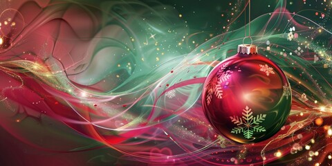 Wall Mural - festive red christmas ornament with snowflake design, surrounded by colorful abstract swirls, holida