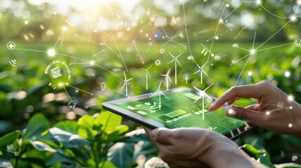 Wall Mural - A person is holding a tablet with a green screen that has a lot of lines