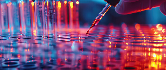 Close up of a biotech test tube with a pipette over a computer screen displaying DNA and biolynk symbols