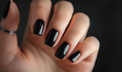 Closeup of woman hand with manicure with black colored gel nail polish