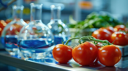 close up of tomatos in glass beakers on laboratory table