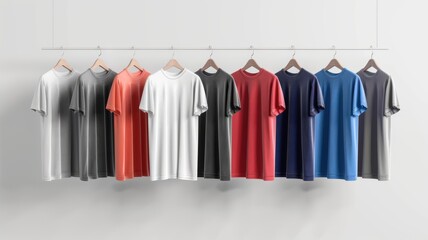 Sticker - A row of shirts hanging on a rack, with the colors white, red, blue, and gray