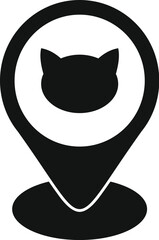 Sticker - Simple black and white icon of a cat head silhouette inside a location pin, representing cat adoption centers, veterinary clinics, or other cat related locations