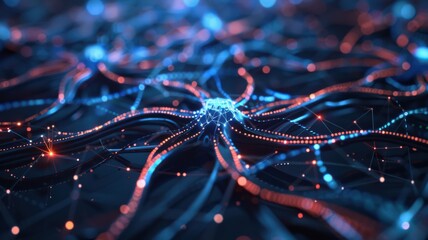 Wall Mural - A close up of a brain with many blue and red lines