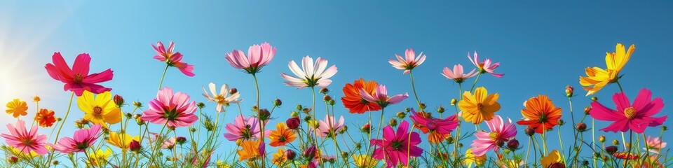 a field of brightly colored cosmos flowers under a clear blue sky, the sun illuminating each petal a