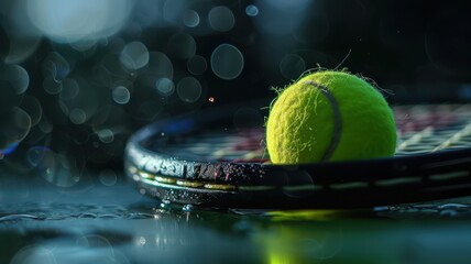 A tennis ball is resting on a tennis racket