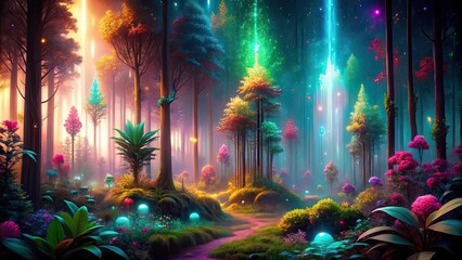 Futuristic artwork of a vibrant forest with glowing plants and digital elements, futuristic, nature, artwork, creation