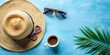 © Udomner - Flatlay of summer essentials featuring a straw hat, sunglasses, and coffee, summer, flatlay,essentials, straw hat