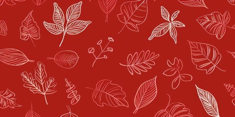 Wall Mural - A vibrant red background with various hand-drawn leaves, perfect for seasonal and autumn-themed designs, textiles, and decorative projects.