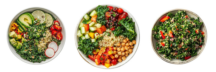 Wall Mural - Set of A minimalist styled bowl filled with kale and quinoa salad, showcasing the texture and variety of ingredients, isolated on a transparent background