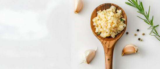 Canvas Print - Wooden ladle with minced garlic on a white desk with a plain background, presenting a top view of the copy space image.