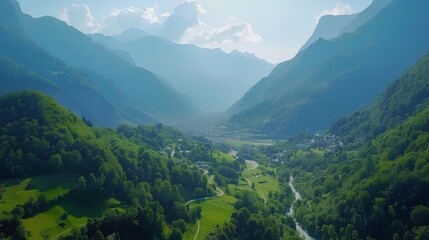 Sticker - Mountain landscape with panoramic view from the top featuring green hills, valleys, forests, and a clear summer sky dotted with clouds