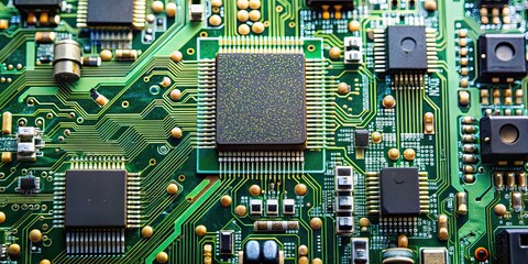 Poster - Electronic circuit board with various components and pathways, technology, electronics, motherboard