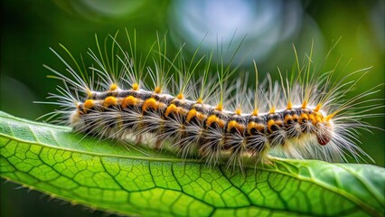 Wall Mural - Hairy caterpillar crawling on a green leaf, caterpillar, insect, nature, green, hairy, wildlife, close-up, macro, crawling