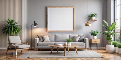 Poster frame mockup hanging on a modern living room wall, mockup, poster frame, modern, living room, wall, interior