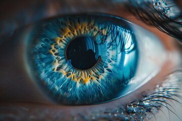 Close up of human eye with blue iris.