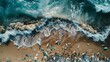 © HanThar Fusion - aerial view of the ocean waves crashing onto an overcast beach, with scattered plastic bottles and other debris on its shore