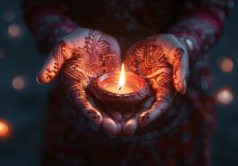 Hands adorned with intricate henna designs holding a lit candle, symbolizing the light and warmth of Diwali. Perfect for themes of tradition, spirituality, and celebration.






