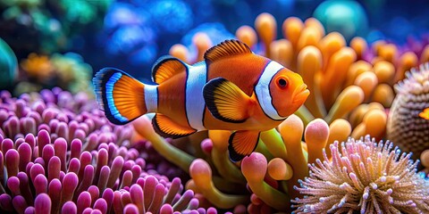 Vibrant clown fish swimming in colorful coral reef , marine life, underwater, tropical fish, ocean, sea, Nemo, exotic