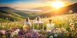 © Udomner - Perfume bottles among wildflowers and rolling hills, perfume, bottles, aromatic, essences, wildflowers, nature, rolling hills