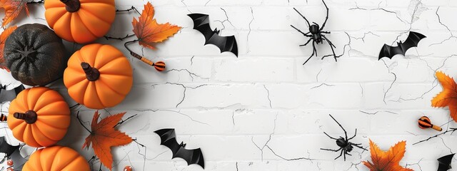 Wall Mural - Halloween-themed background featuring black bats, jack-o'-lanterns, and spiders on a white brick wall, perfect for seasonal decorations and spooky celebrations.






