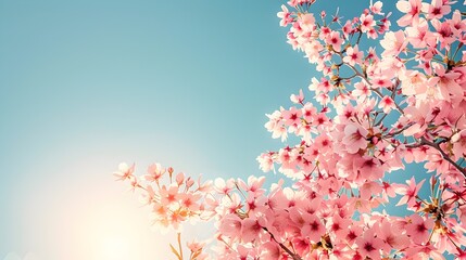 Breathtaking scene of a flourishing cherry blossom tree with vibrant pink flowers in full bloom standing tall against a clear blue sky 