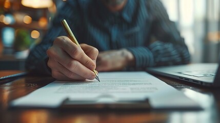 Poster - Signing the Deal: A close-up shot of a hand signing a document, pen poised over paper,  representing a moment of commitment and progress.  