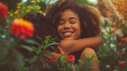 friends sharing a warm embrace in a beautiful garden highlighting their deep affection and supportiv