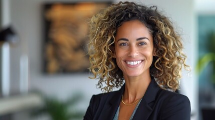 Poster - Confident Businesswoman's Portrait: A radiant businesswoman with curly hair exudes confidence in a modern office setting. 