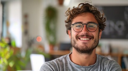 Canvas Print - Confident and Creative:  Portrait of a charismatic young man with a warm smile and stylish glasses, radiating confidence and creativity in a modern office setting.